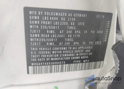 2018 Volkswagen Tiguan Limited 2.0T z USA, uszkodzony, nr VIN WVGAV7AX5JK004573